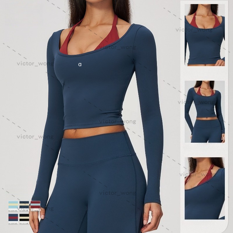 2585 Camicia a maniche lunghe da donna firmata Crop Yoga Top Camicia da allenamento slim fit con scollo tondo elasticizzato morbido per palestra Pil