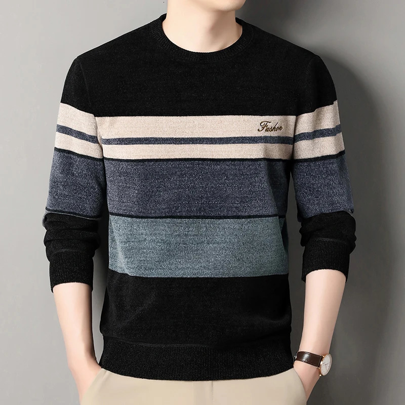 Mens Chenille Sweaters Fashion Knitting Pullover Striped Men's Autumn Winter Top Clothes Round Neck Knitted 260911