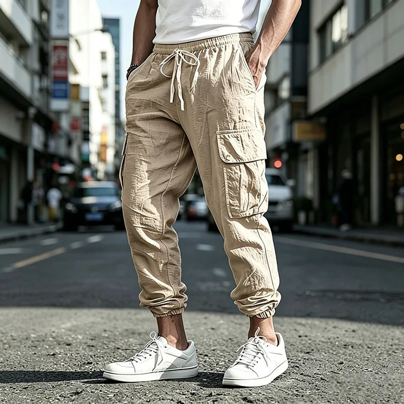 Men's Cotton Linen Blend Cargo Jogger Pants Elastic Waist Drawstring Multi Pockets Casual Breathable Streetwear Trousers for Men 260911
