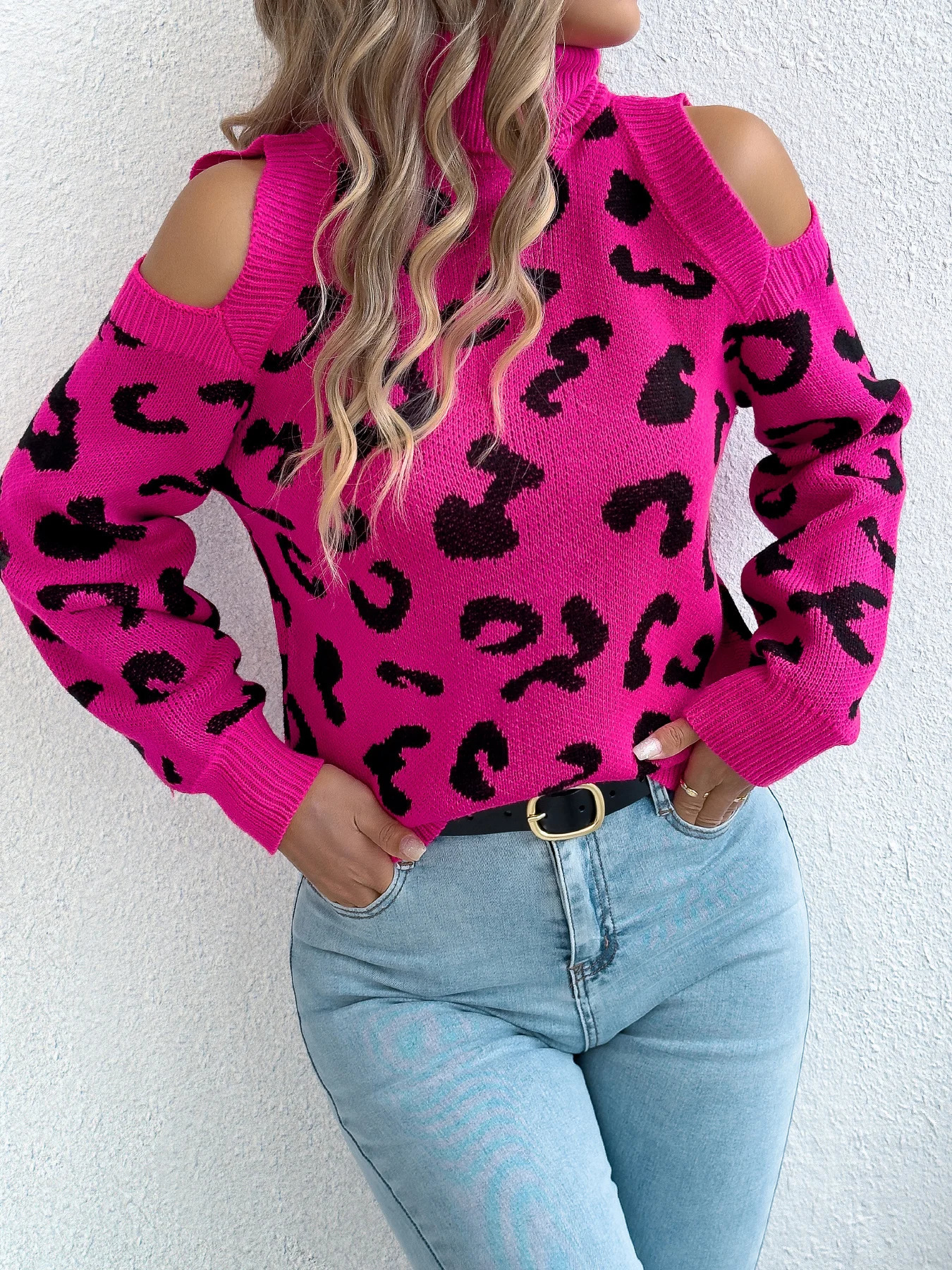 Women's Off Shoulder Leopard Print Tops 2026 Casual Turtleneck Lantern Long Sleeve Knitted Sweaters for Autumn Winter Khaki Rose 260910