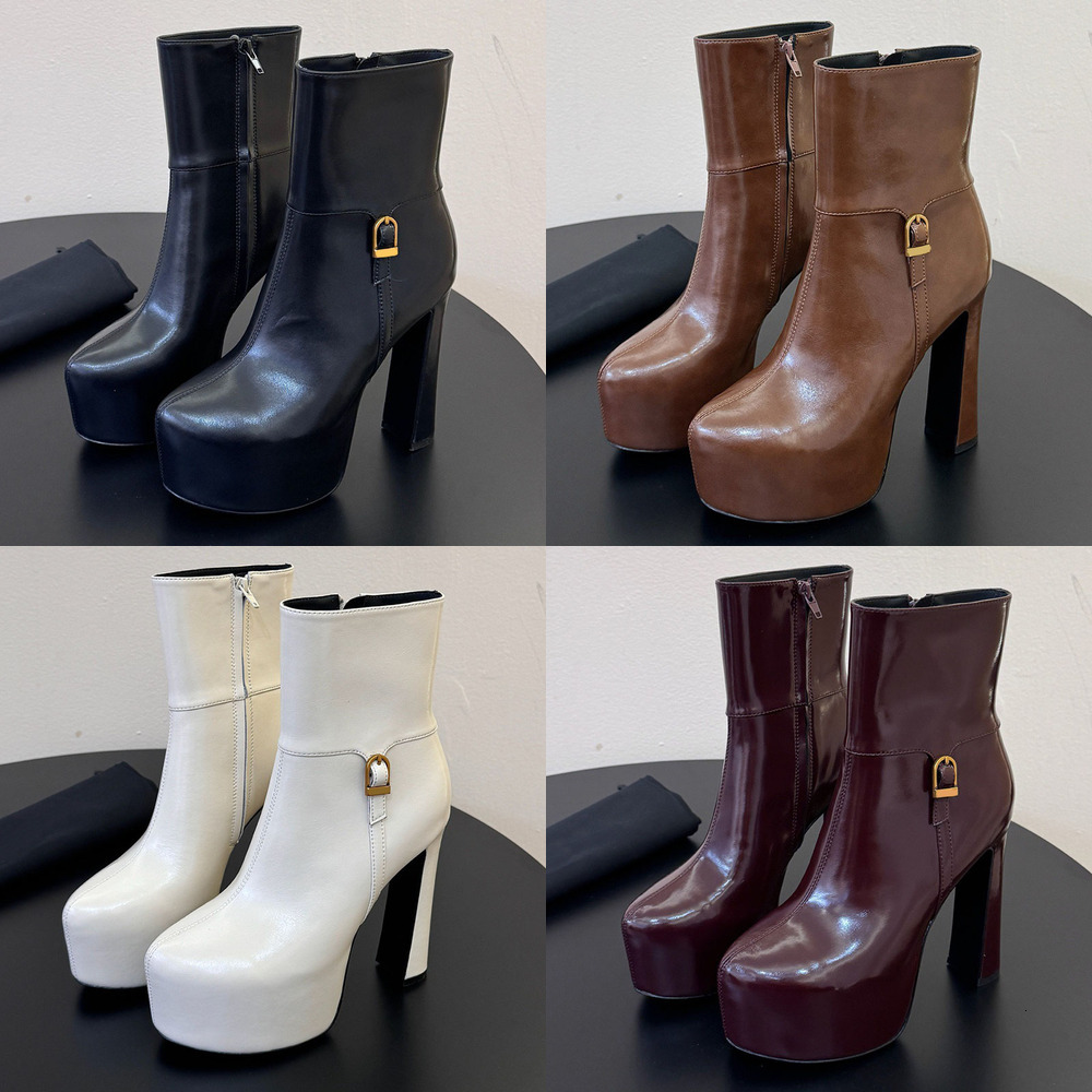 Platform Heel Luxury Designer Shoe Booties Buckle Strap Gold Fall Dress Party Fashion Chunky Patent White Black High Zipper Woman Modern Leather Sid