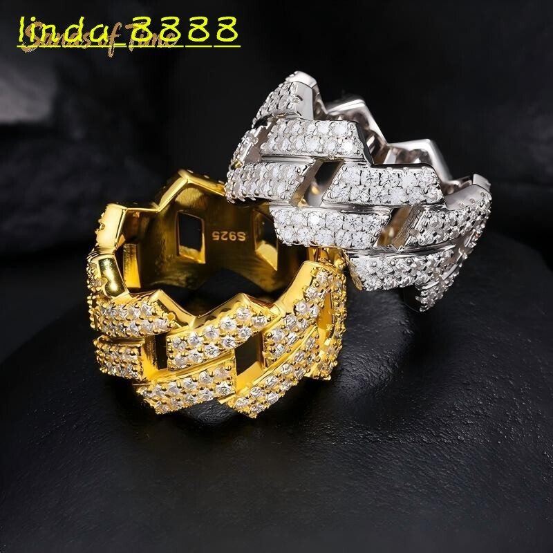 Iced Out Cuban Link Moissanite Ring for Men 925 Sterling Silver Hip Hop Custom Band