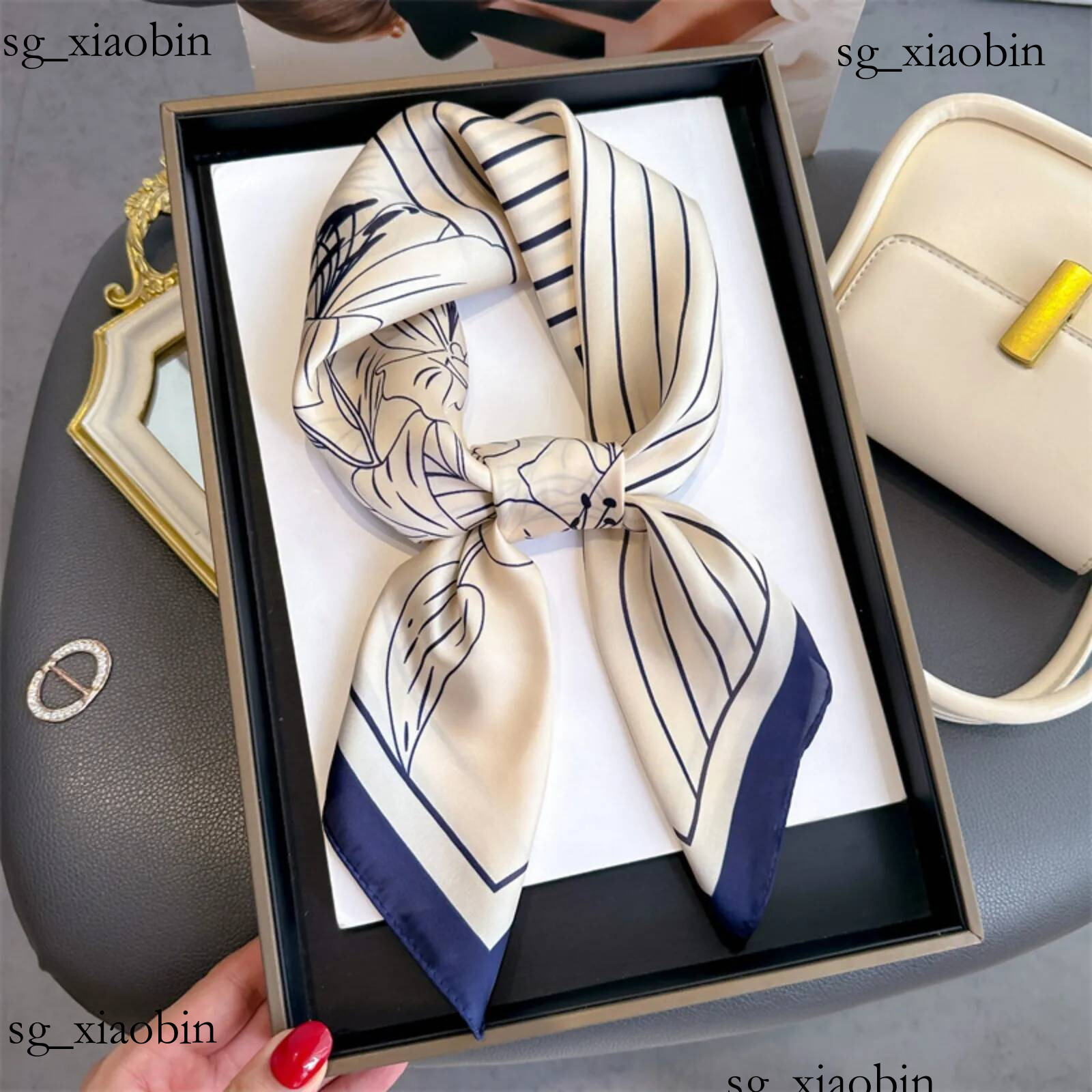 Designer Floral Print Silky Square Scarf Women Elegant Navy Blue Orange Border Soft Neck Head Wrap Versatile Fashion Daily Accessory Hot