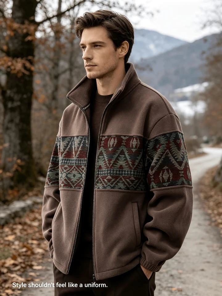 Giacca invernale da uomo patchwork retrò manica lunga morbida stampa etnica geometrica con zip colletto alla coreana cappotto capispalla casual per