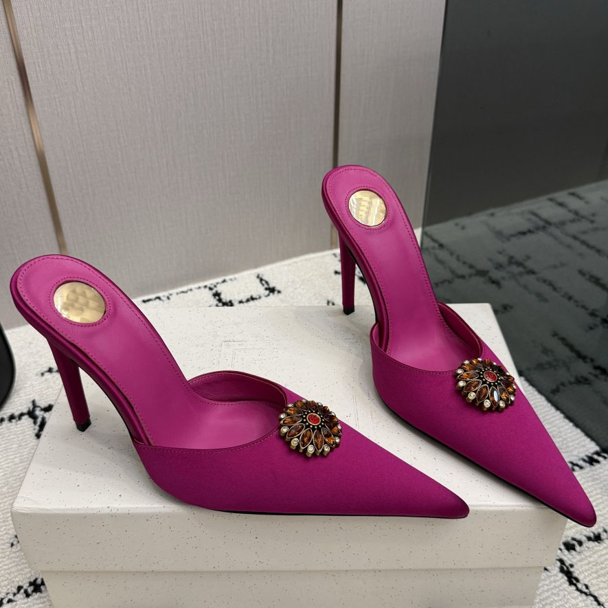 Top Quality COSMO Mules Satin Crepe Sandals Women Kitten Heeled Sandals Pointed Toe Crystal Mule Pumps Fashion Banquet Wedding Sandal Size 35-42