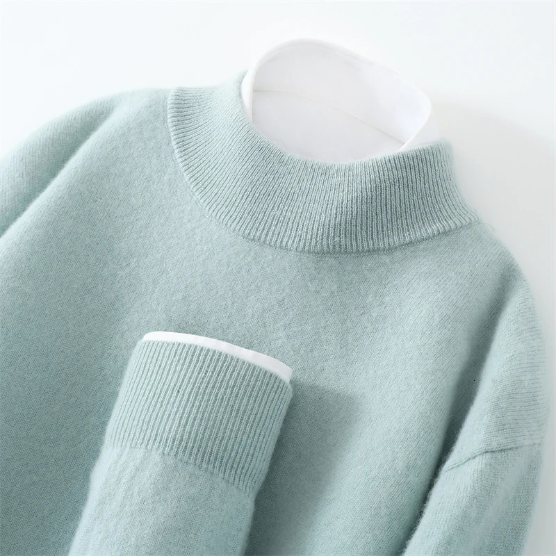 Men's 100 cashmere sweater casual knit pullover shirt loose Mock collar Tops fashion Blouse autumnwinter solid color Jumper 260911