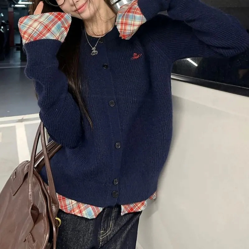 Vintage Plaid Patchwork Sweaters Female Clothing Korean Two Pieces Autumn Winter Fashion Embroidery Loose Knitted Jumpers 260911