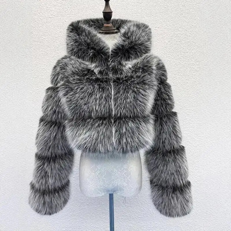 S-6XL Women Coat Autumn Winter Short Hooded Faux Fox Fur Coat Thick Warm Outerwear Fur Woman Jackets Ladies Furry Coats 260911