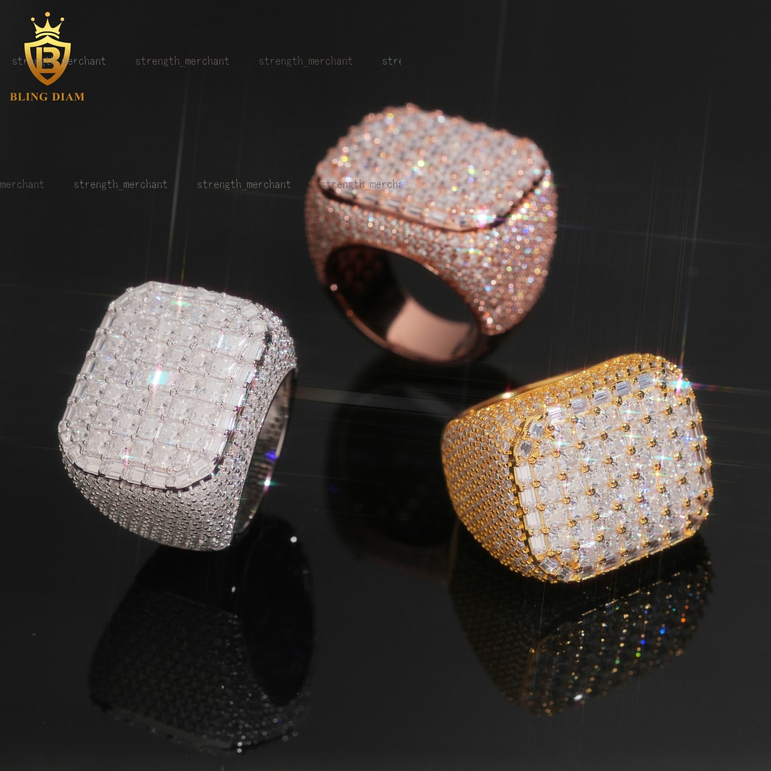 Cool Rapper Men Rings Rectangle Sharped Hip Hop Jewelry 925 Sterling Silver and Gold Ice Out Vvs Moissanite Square