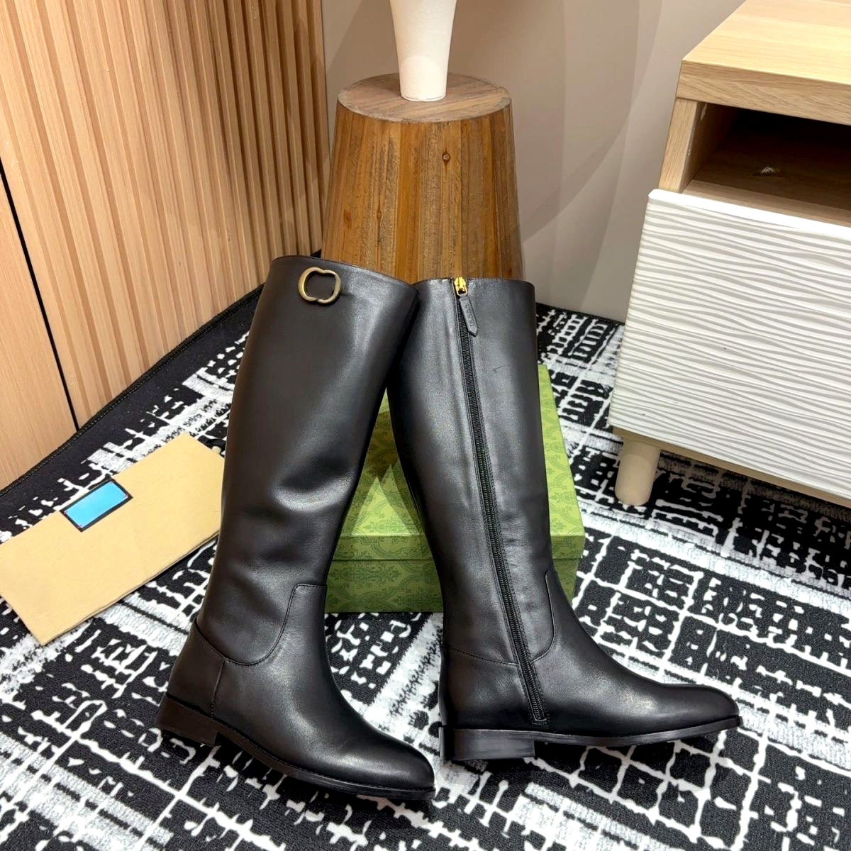 GUCCARE Fashion Boots Women Knee High boot Roman luxury Designer Casual shoe Genuine Leather Dress shoes Side Zipper Metal logo Flat Heel Riding Wes