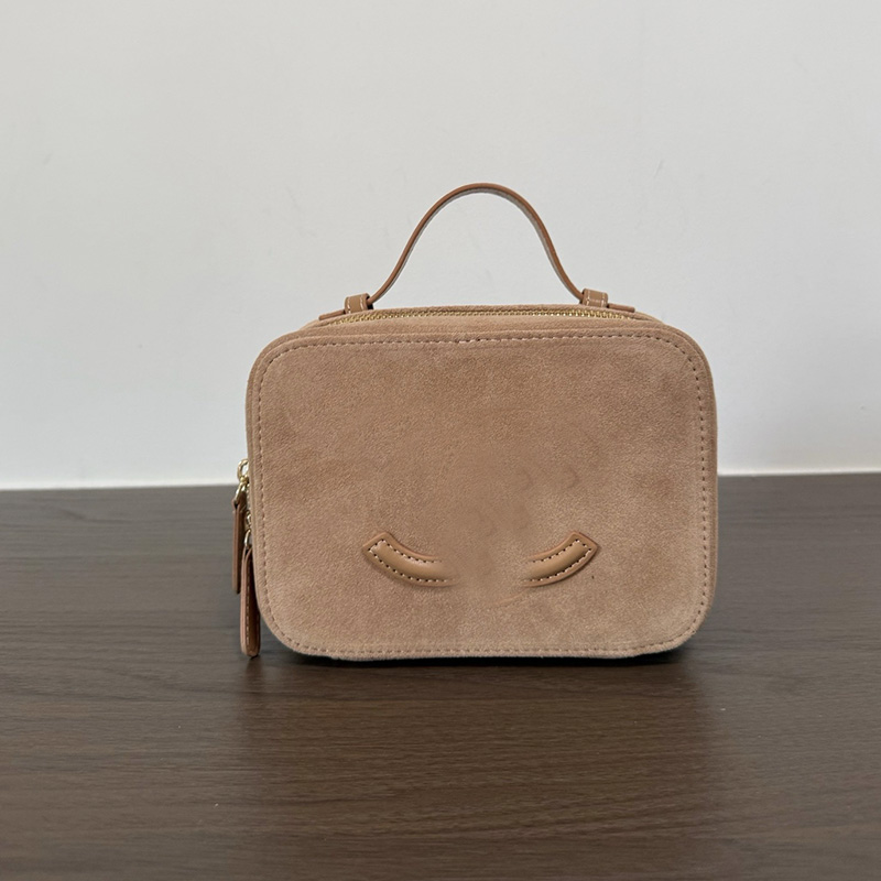 Women Brown Suede Mini designer Bag Square box camera bowling bag high quality Leather Zipper small handbag Top Handle Cosmetic bag Stylish Mini