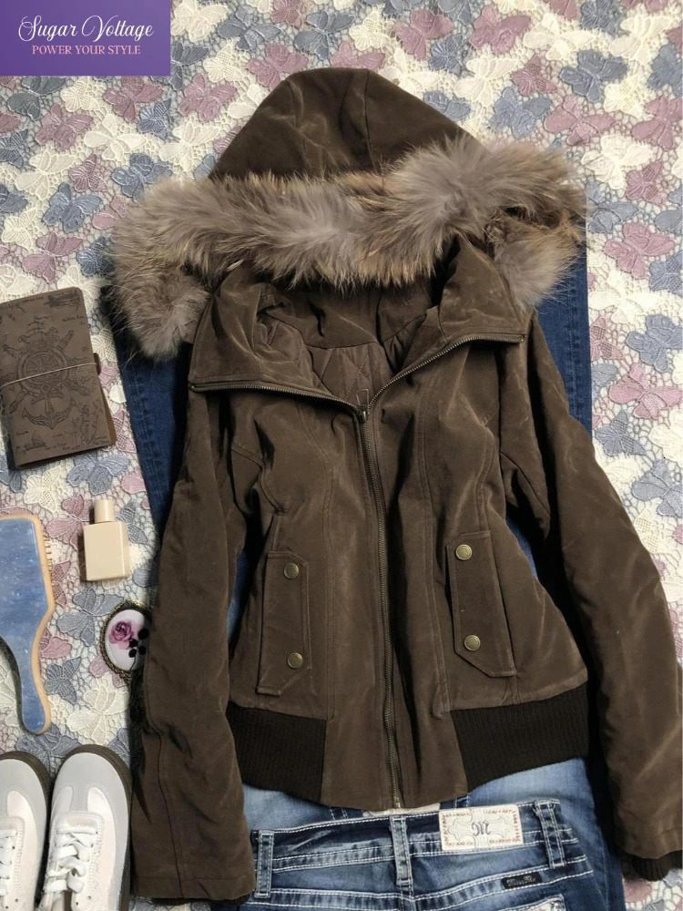 Winter American Vintage Fashion Harajuku Hooded Jacket Women Slim Brown Fur Collar Short Coat Casual Streetwear Chic Outerwear 260911