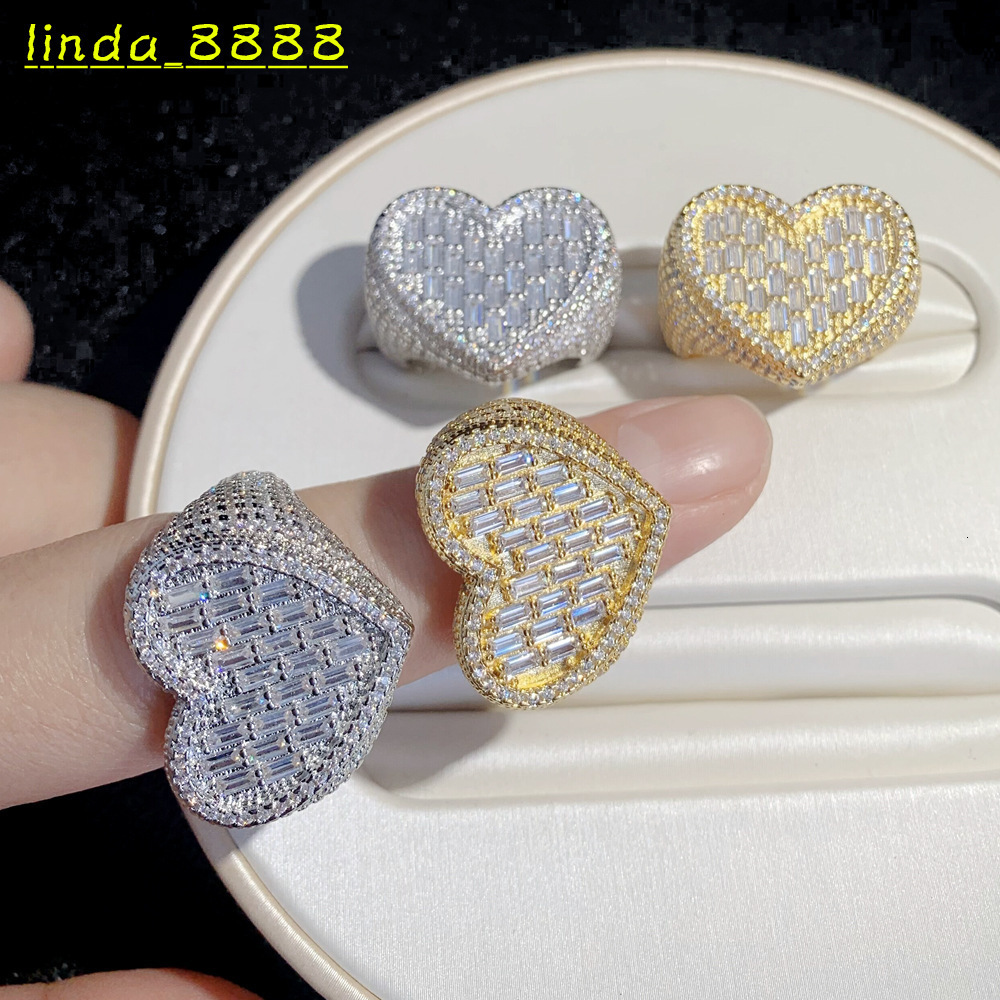 Shiny Baguette Heart Rings Jewelry Women Iced Out Diamond Ring Hip Hop Brass 18K Gold Plated With AA AAA Moissanite
