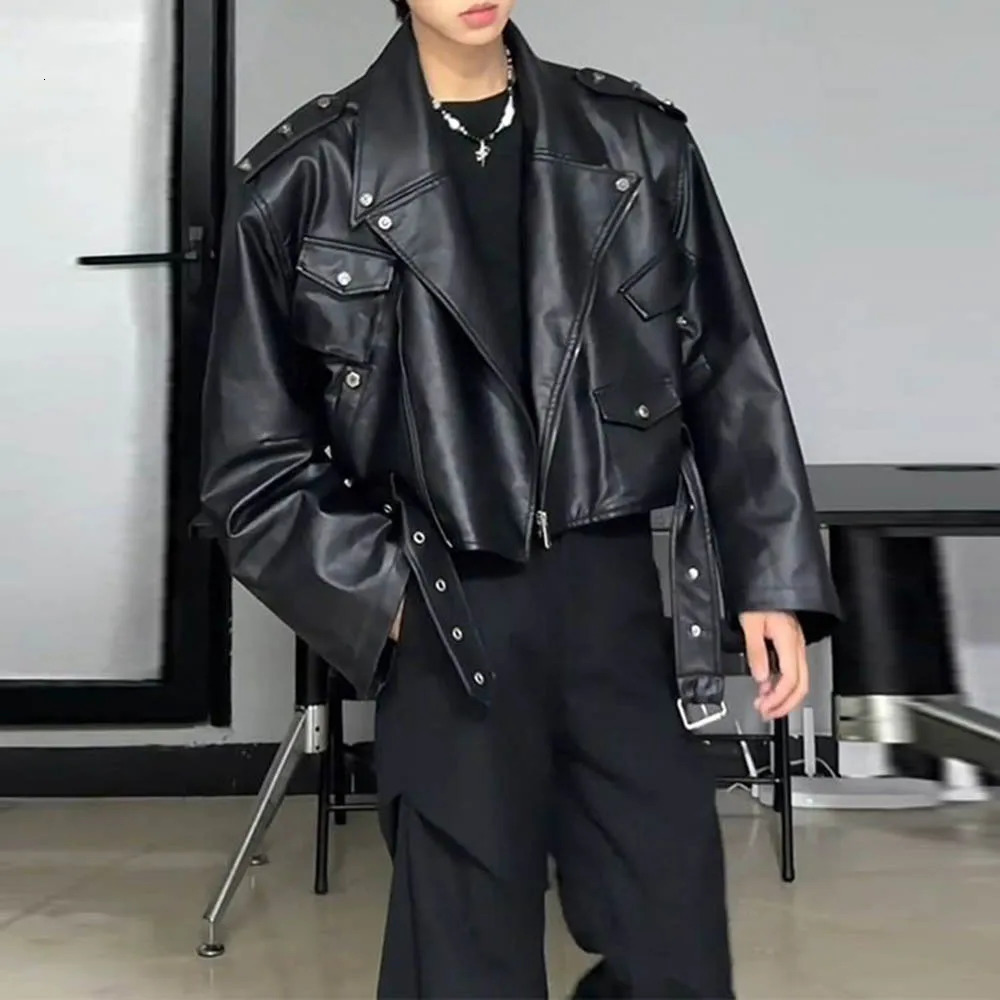 Men's Cropped Leather Jacket with Studded Shoulders Streetwear Fashion Biker Jacket Casual Cool Jacket for Fall and Winter 260910
