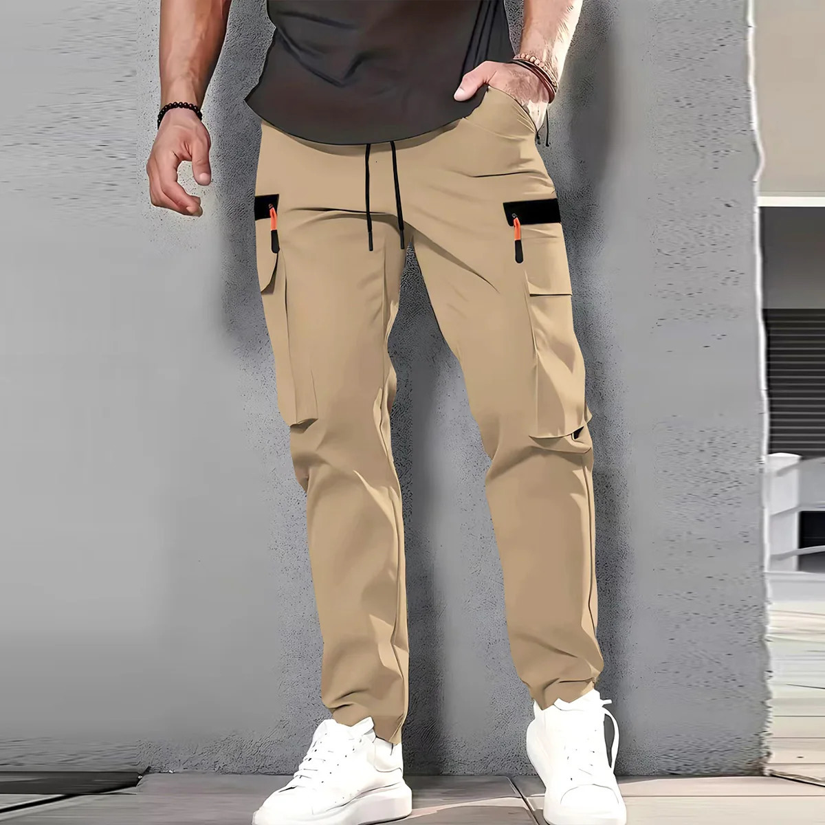 Men's Spring/Summer Multi-pocket Quick-dry Straight-leg Cargo Pants Waterproof Fabric with Drawstring n 260911