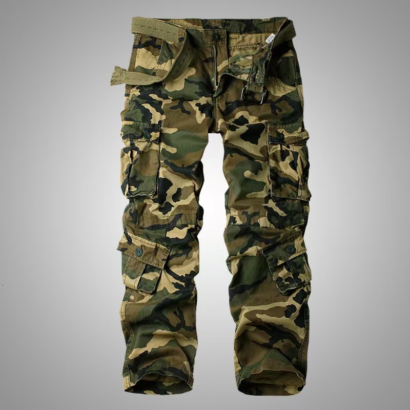 AKARMY Mens Comfortable Cotton Work Pants Versatile Strapless Multi Pocket Trendy Hip Hop Skateboarding Style NO BELT Designer Camouflage Pattern AK