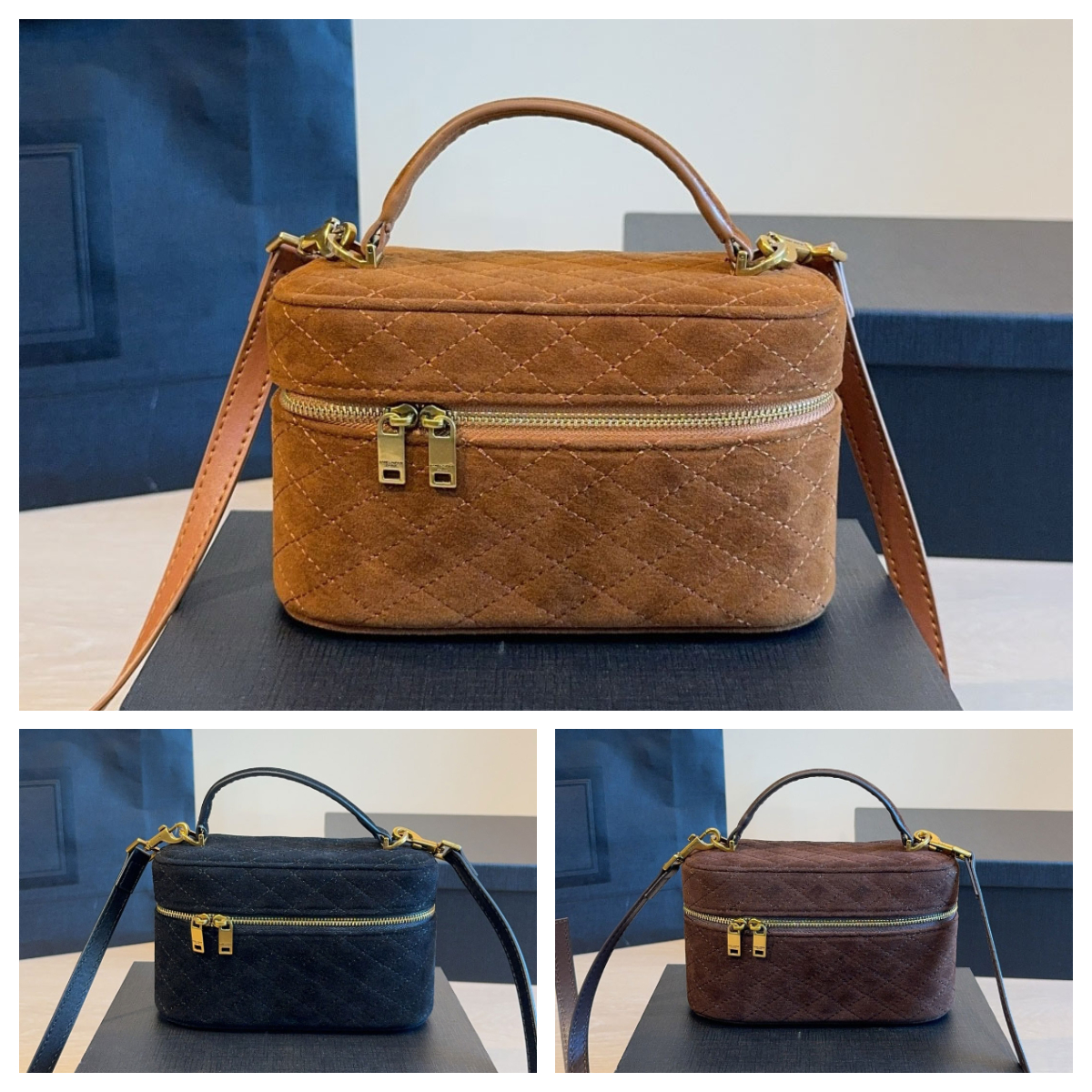 Luxury Brown Suede Vanity Box Bag Diamond Quilting Top Handle Cosmetic Purse Detachable Strap Women Crossbody Shoulder Makeup Storage Handbag