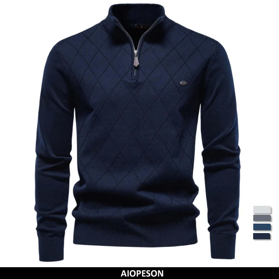 AIOPESON Men Cotton Half Zip Mock Neck Pullover Argyle Knitwear Ribbed Cuffs Slim Fit Smart Casual Business Fall Winter Sweater 260911