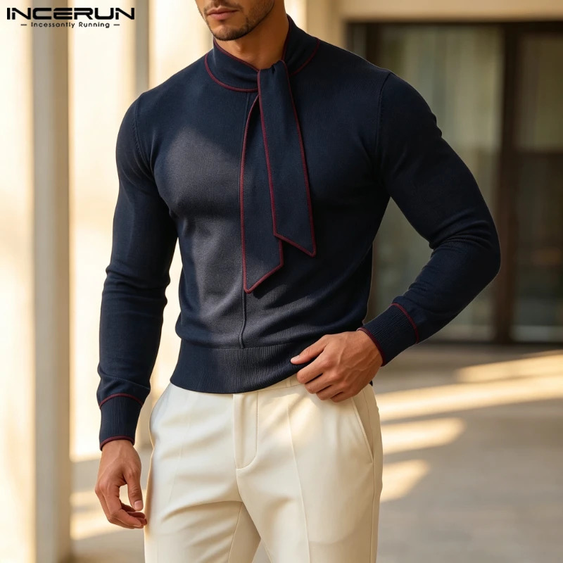 INCERUN Men's Pullovers Tie Up Patchwork Long Sleeve Knitted Men Clothes Streetwear Spring Autumn Fashion Casual Sweater For Man 260911