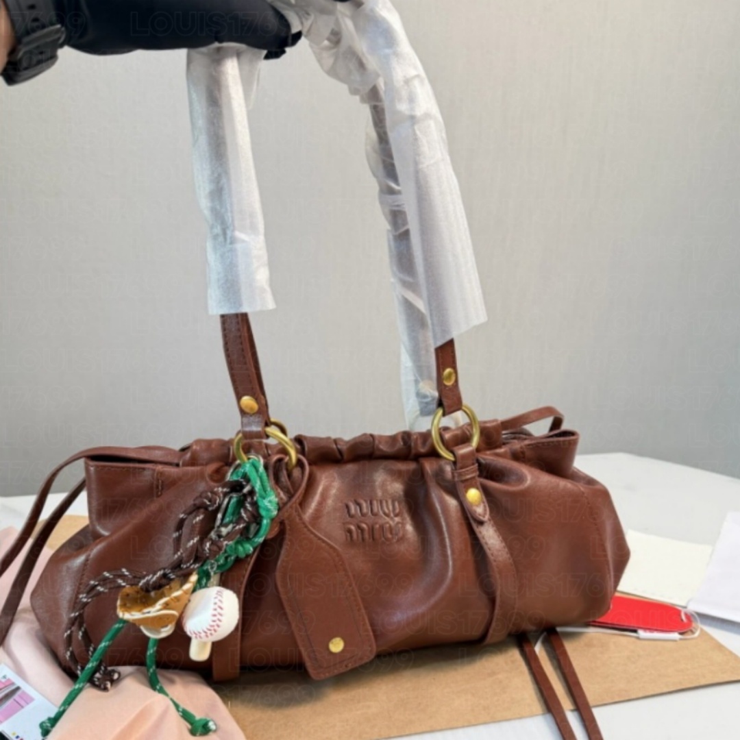 top Luxury Trendy Ladies Retro Pleated Leather Tote Bag Solid Color Ruched Hobo Bag Gold Metal Ring Decor Removable Crossbody Shoulder Bag wallet