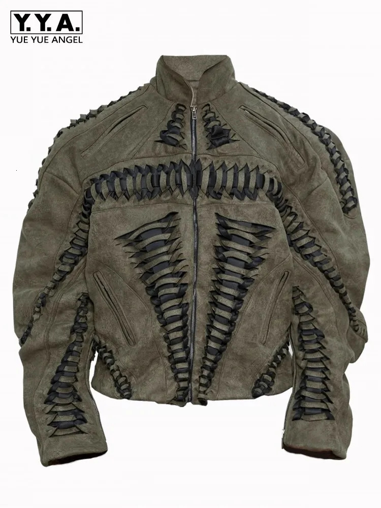 Punk Style Mens Weave Hollow Out Loose Fit Faux Suede Leather Jacket Stage Show Coat Stand Collar Handmade Motorcyle Outerwear 260910