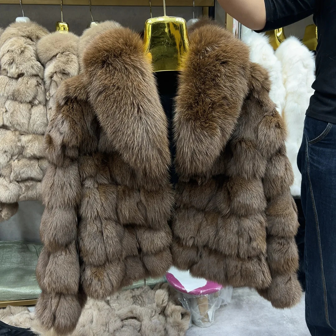 HUA QIU MEI SI Women's Natural Fox Fur Jacket with Fox Collar for Winter Warmth Short Style Fox Fur Leather Jacket 260911