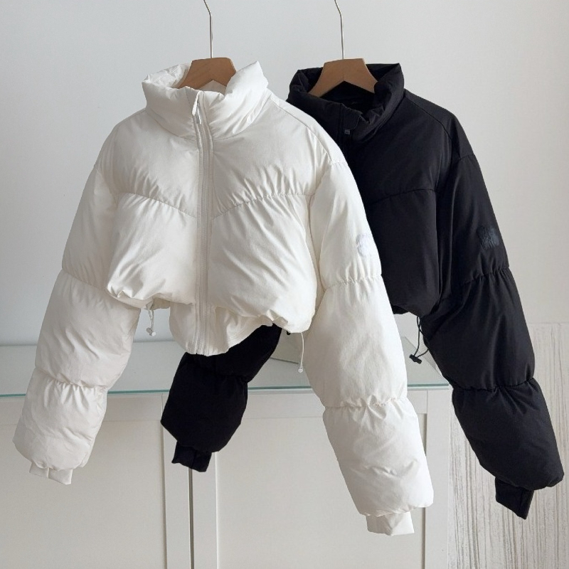 Designer Cropped Down Jacket Stand Up Outdoor Collar Cotton Puffer Jackets Womens Winter Warm Thicken Mock Neck Coat Full-zip Drawstring Short Loose