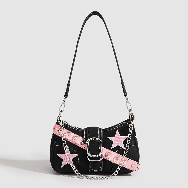 Sweet Cool Spicy Girl High-End Underarm Niche Design Denim Single Shoulder Baguette Patchwork Color Pink Star Bag Z260921