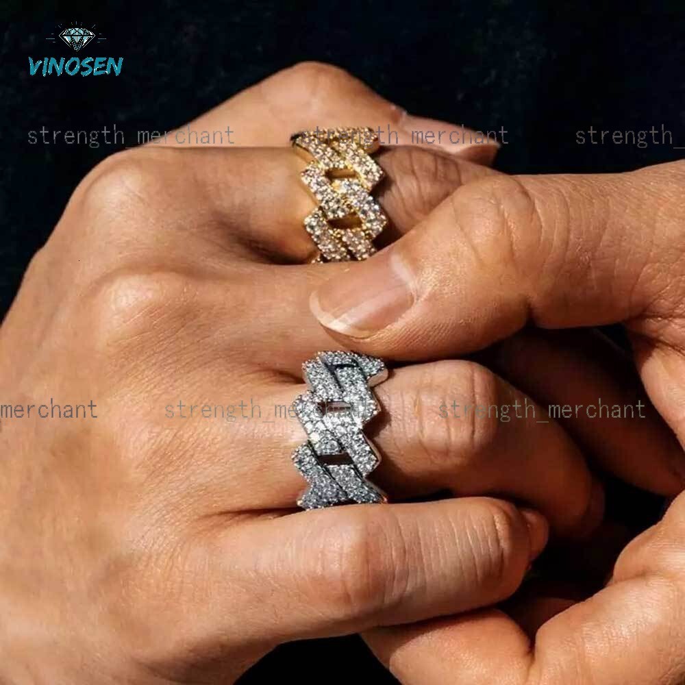 OEM Custom Engraved 14mm Rhombus Cuban Link Rings Solid 925 Sterling Silver 18K Real Gold PVD Micro Paved Moissanite Band