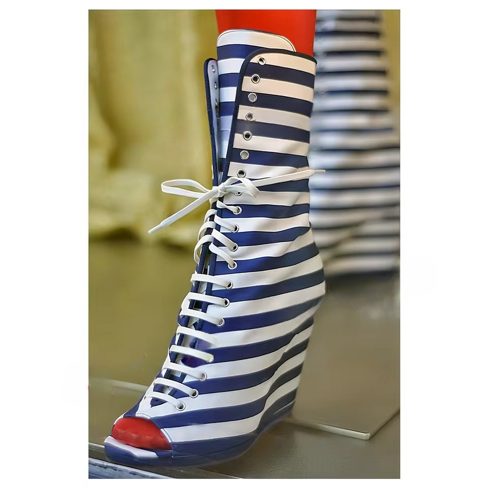 Red Striped Canvas Leather Wedges Heels Boots Women Trendy Peep Toe Lace Up Party Mid Calf Party Runway Shoes Luxury Gothic Black White Stripe Patch