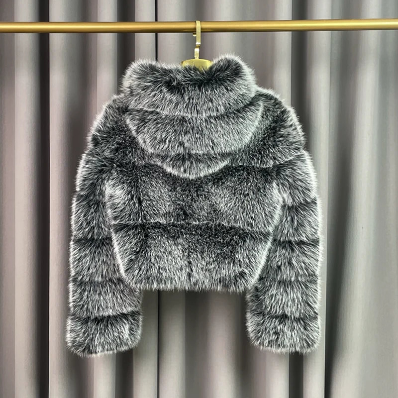 Winter Warm Ladies Fox Fur Jacket Short Fashion Hooded Artificial Fox Fur Coat High Quality Women's Cropped Fur Coat Black 260911