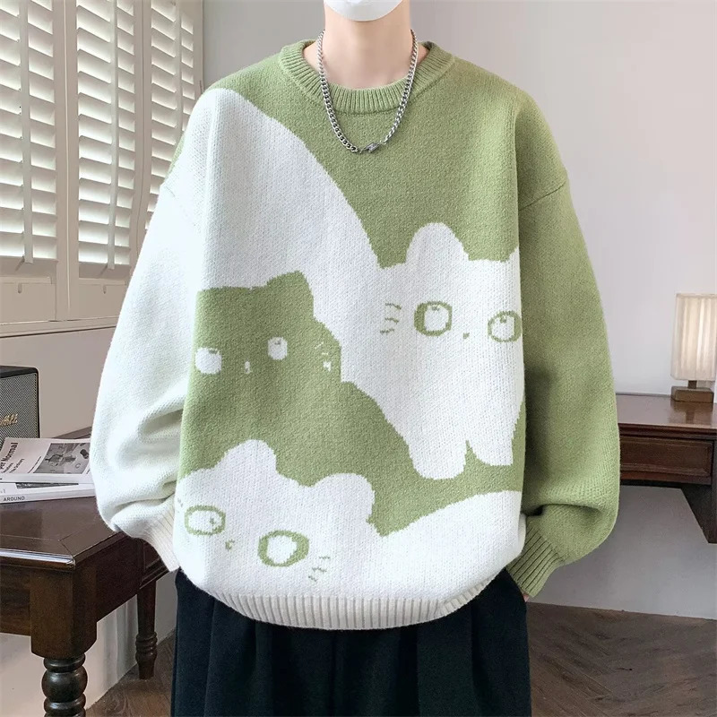 Winter Men's Anime Cat Jacquard Crewneck Knitted Sweaters Hip Hop Fashion Graphic Printed Y2K Jumpers Streetwear Knit Pullovers 260911
