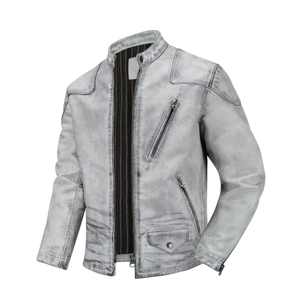 Vintage Distressed Genuine Leather Jacket Men Retro Dirty Finish Stand Collar Classic Cowhide Coat Fashion Casual D 260910