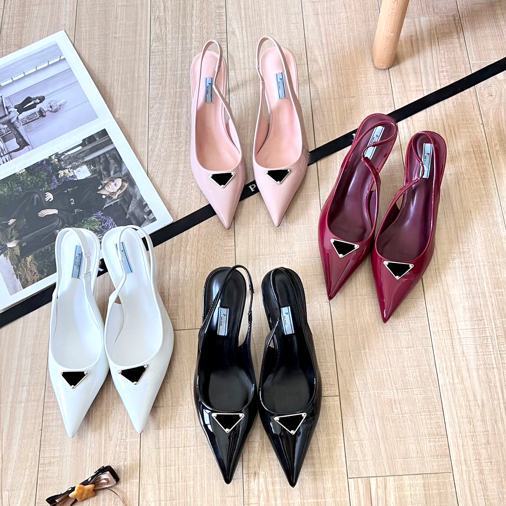 1 1 Designer heel Dress shoe Party wedding Summer 10A Fashion Sexy luxurys Womens Slingback Pumps Patent Leather sandal Triangle logo Pointed Toe Hi