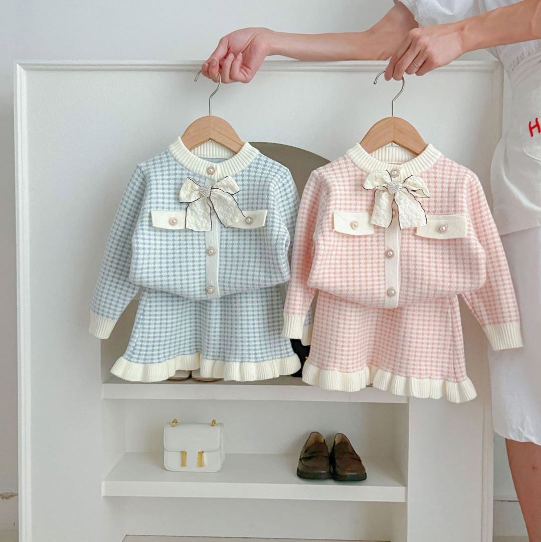 Kids Toddler Clothes Baby Girls Knitwear 2PCS Set Elegant Tweed Style Knitted Cardigan Mini Skirt Outfit for Fall Winter