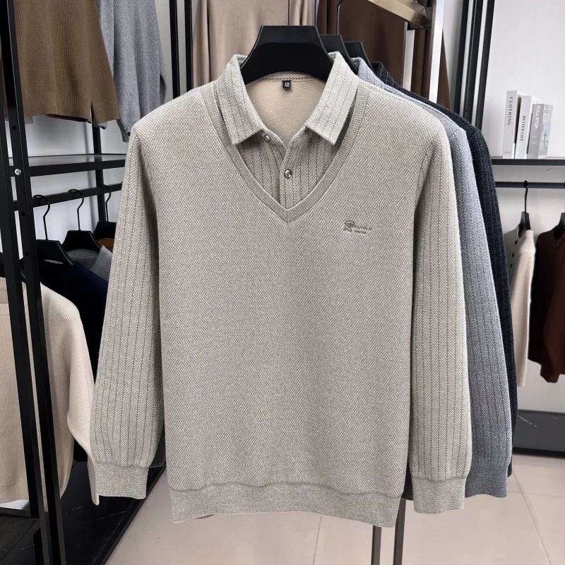 y Men's Plush WoolLined Knitted Sweater Patchwork Striped Lapels Onepiece Fleece Thickened Menswear Warm Pullovers 260911