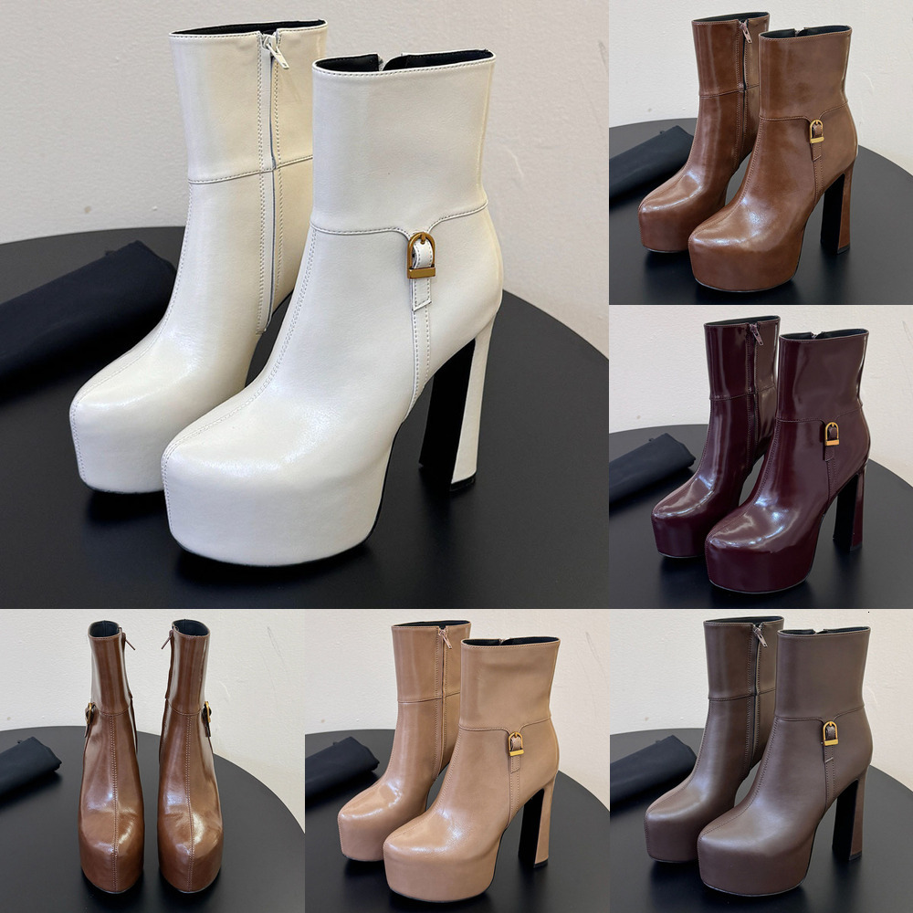 Boot Woman Luxury Designer Shoe High Platform Smooth Leather Thick Rubber Winter Casual Street Brown Black Toe Square Trendy Gold Ankle Block Bootie