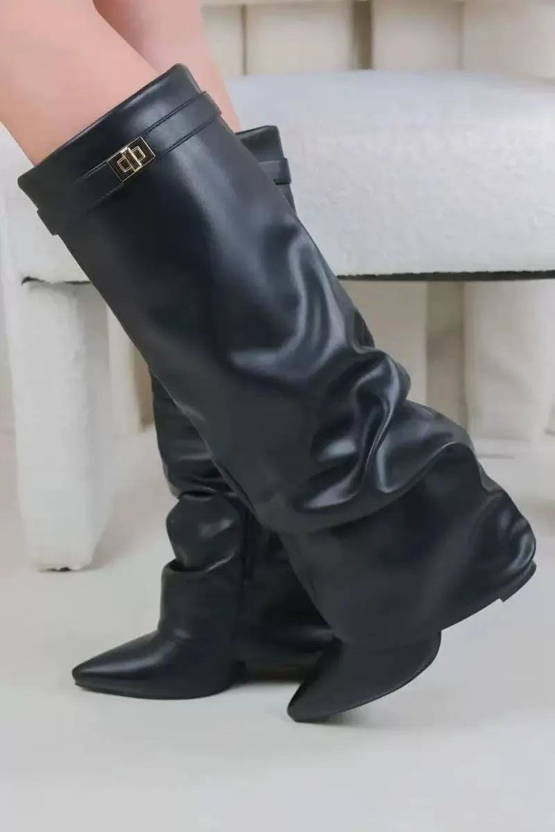 Designer Boots Women's tall boots with pointed toes Women's Boots Straight metal buckle mid-calf boots Winter Women Boot 9555