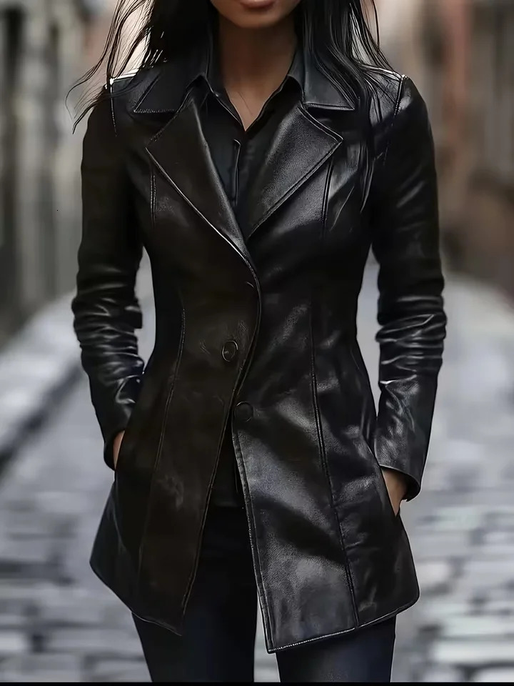 Women's SlimFit Pu Leather Jacket MidLength Coat with SingleBreasted n ALine Cut Flared Hem Suitable for All Seasons Can 260911