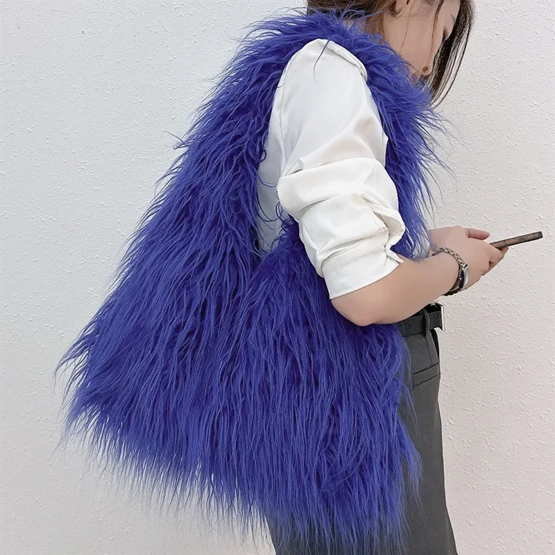 Retro Y2k Girls Faux Fur Shoulder Bags Large Capacity Women Plush Underarm Bag Solid Color Ladies Fluffy Tote Handbags260911