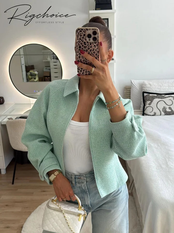 Solid Tweed Cropped Jacket Turn Down Collar Full Zip Front Long Sleeve Rollup Cuff Slim Fit Jackets 2026 Autumn Allmatch Coat 260910