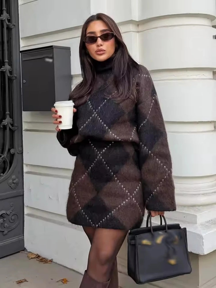 Brown Vintage Argyle Plaid Knitted Dress Sets Women Causal Turtleneck Loose Sweater Knit Mini Skirts Set Winter Women Knitwear 260910