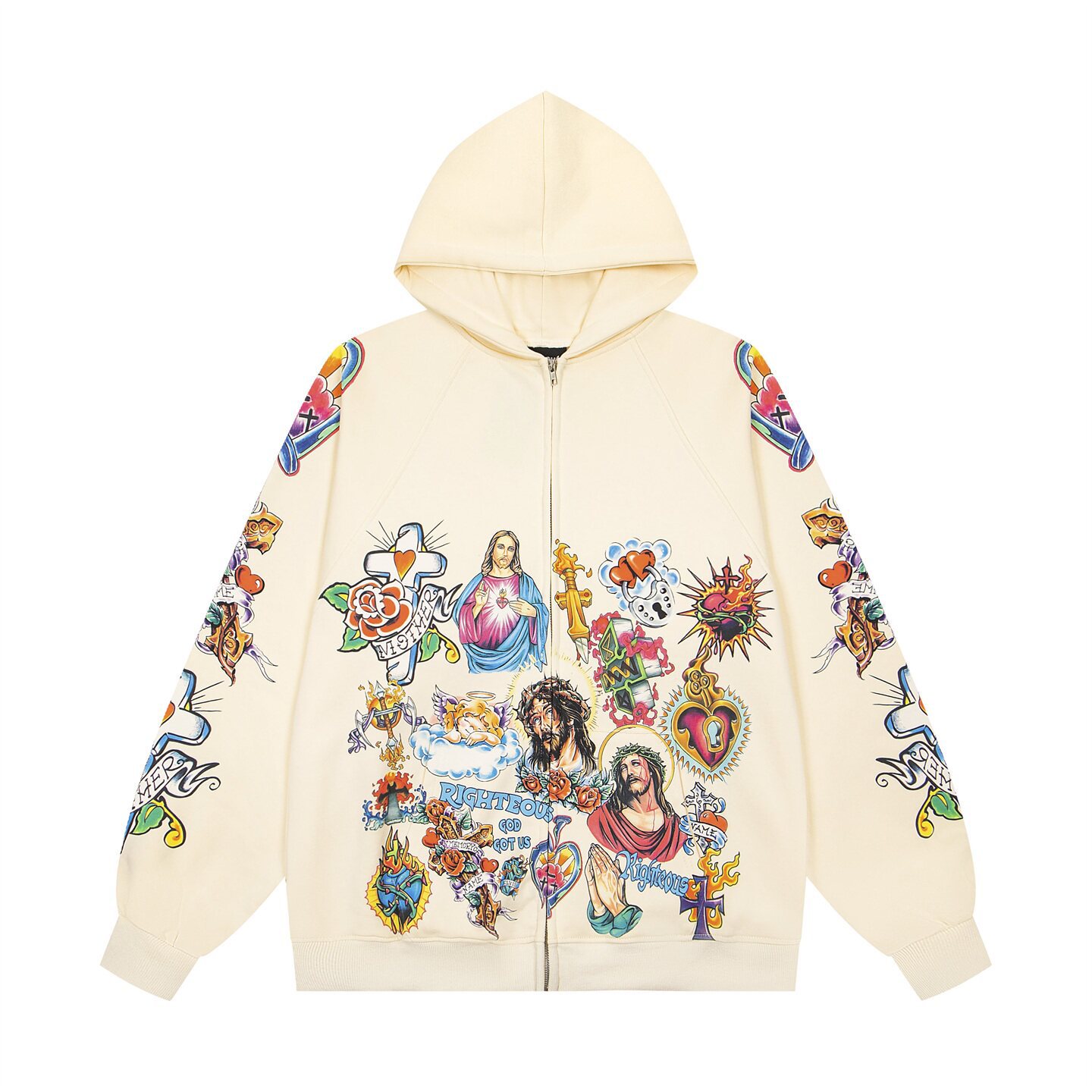 Vintage gewassen figuurprint hoodie met rits, We Are Righteous Letter grafische losse pasvorm hoody jas, unisex casual streetwear jas voor heren dam