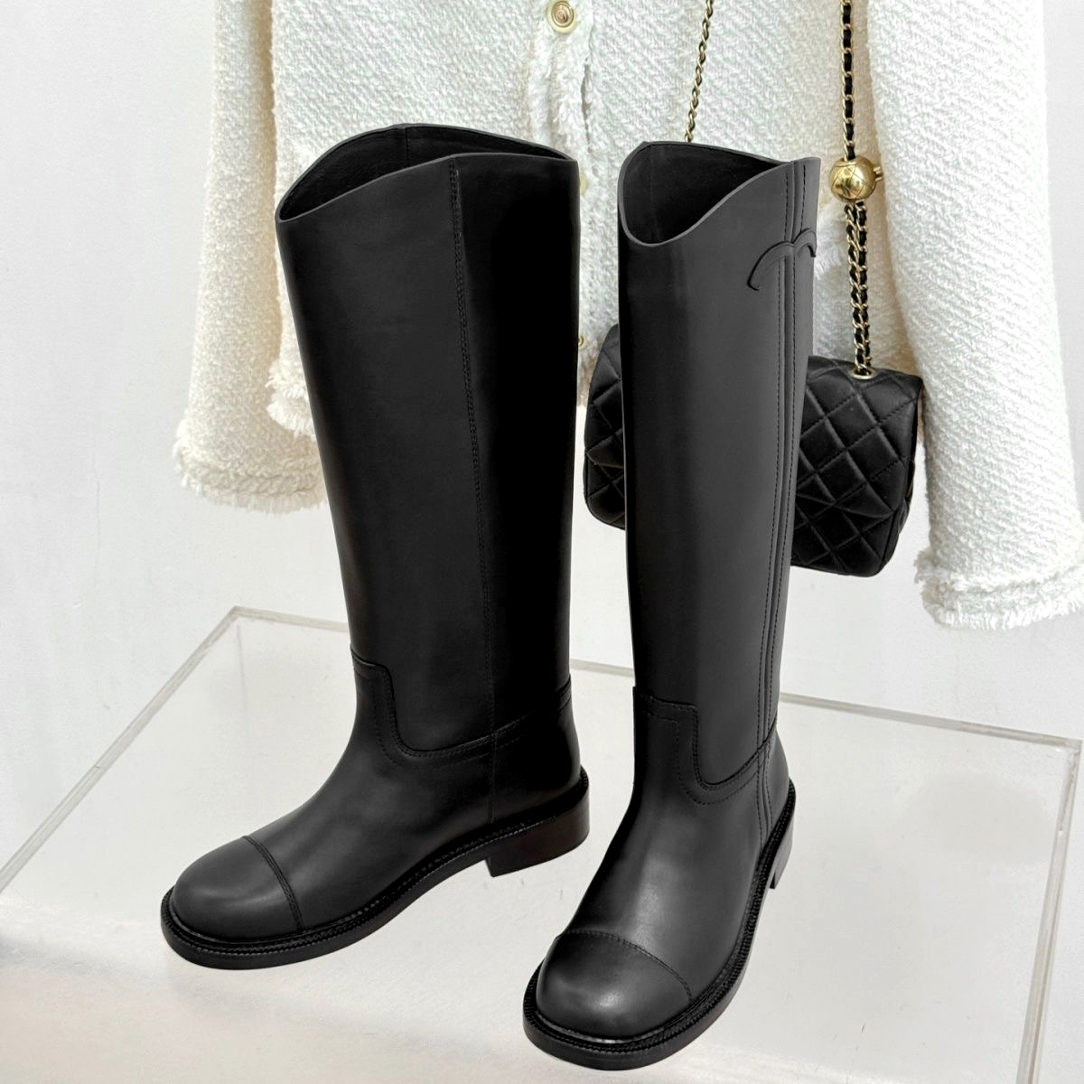 Embossed Logo Women Low Block Heel Fashion Knee High Riding Boots Genuine Leather Round Toe Winter Tall boot luxury Designer Booties dress shoe