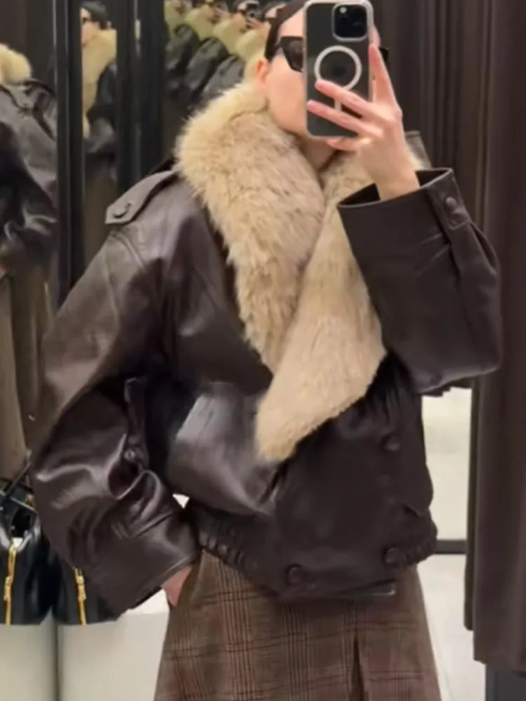 Women Vintage Fur Collar Leather Jacket Lapel V-neck Full Sleeve Double Breasted Bomber Jackets Lady Winter High Street Outwears 260910