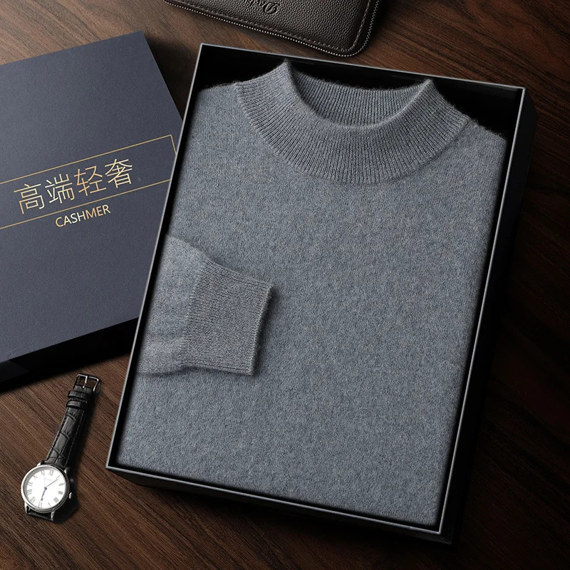 100 HighQuality Cashmere Men's Autumn and Winter Pullover Semi High Neck Classic Versatile Warm Sweater Jacket 260911