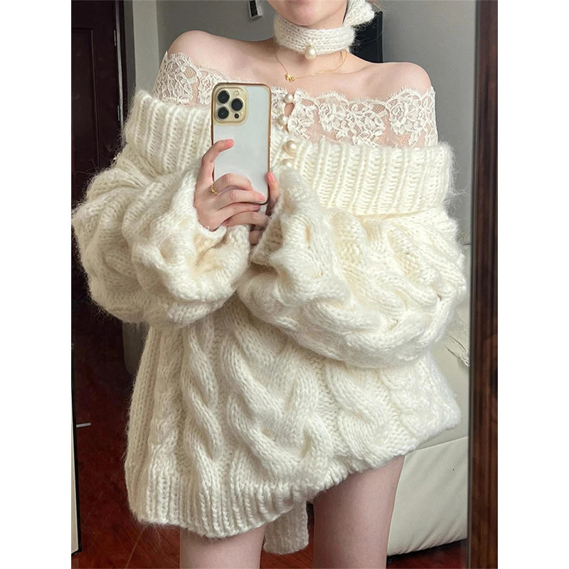 Elegant Slash Neck Sweater Women Fashion Lace Patchwork Knitted Pullovers Korean Oversized Knitwears Winter Long Sleeve Jumpers 260917