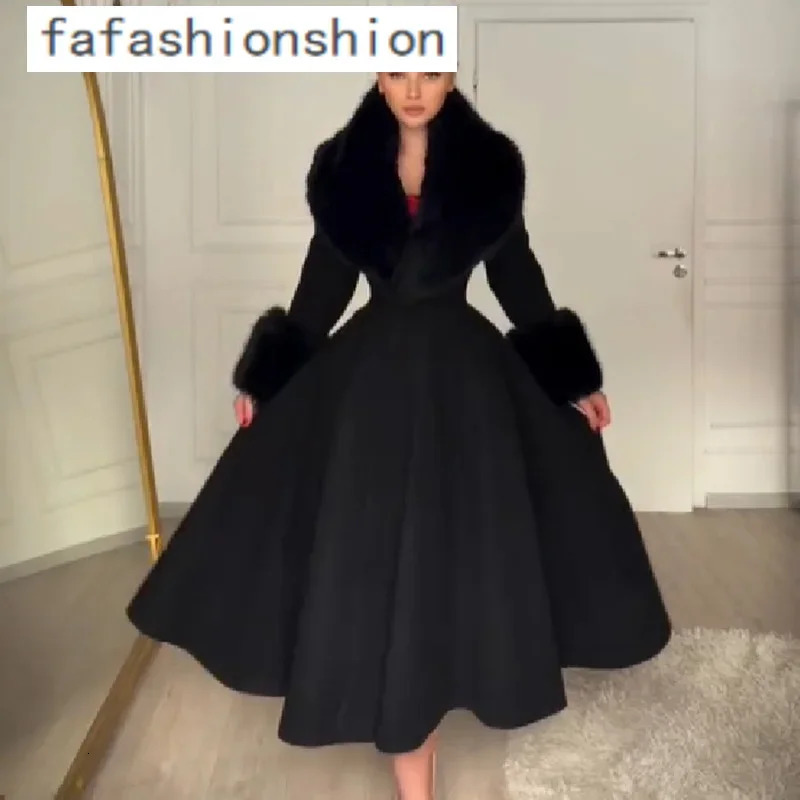 Women Detachable Fur Lapel Long Trench Coat Elegant Aline Maxi Dress Overcoat Winter Warm Chic Party Wedding Outerwear 260911