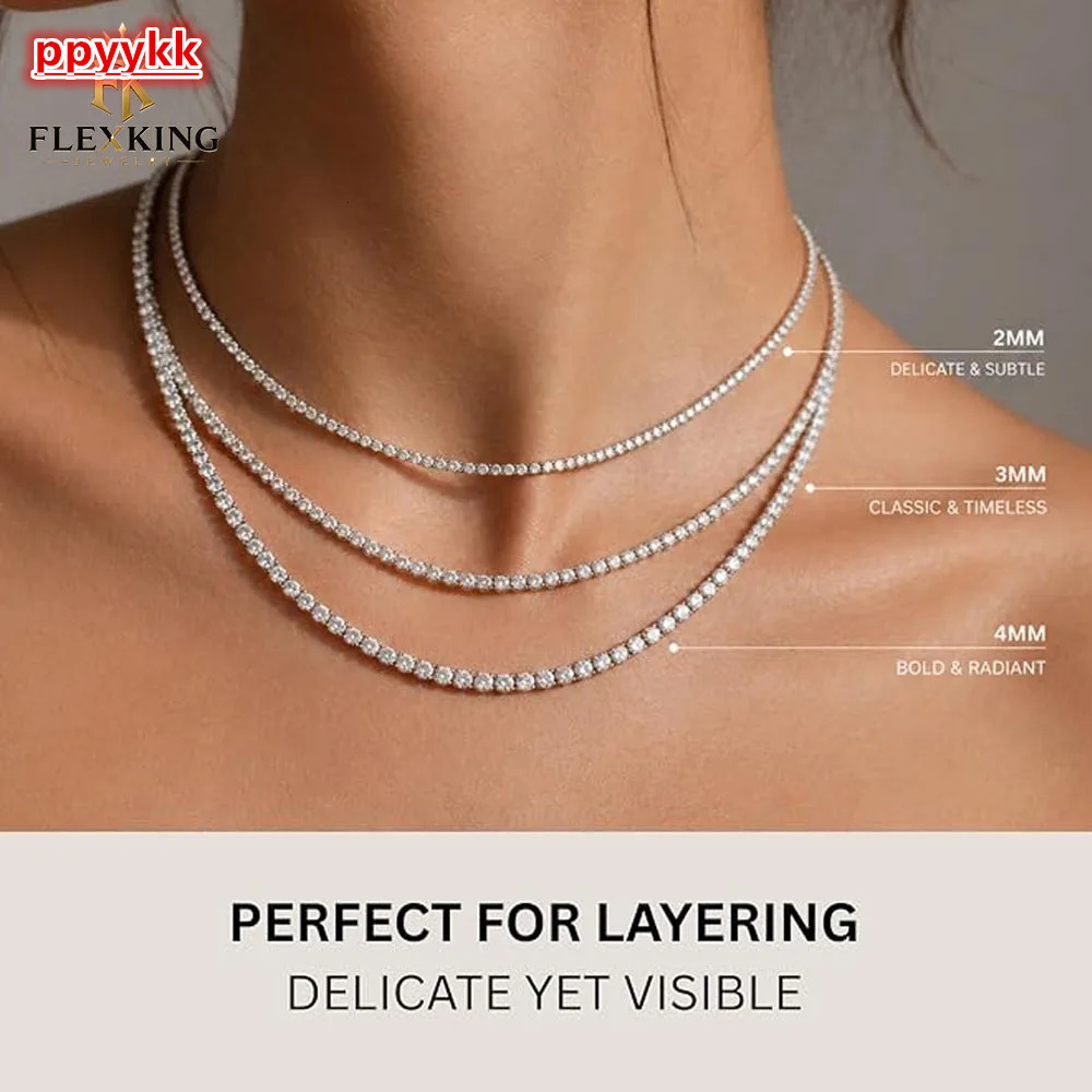 FLEXKING Brass VVS1 Lab Moissanite Tennis Chain 2mm 3mm 4mm Iced Out Necklace 18K Gold Silver Plated Hip Hop Unisex Jewelry