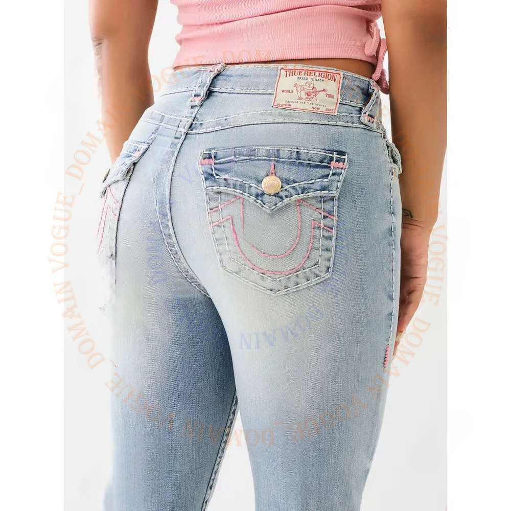 Brand logo trues religion jeans womens designer Retro Flare Denim Jeans Blue Wash Heavy Red Contrast Stitching Button Pockets Classic Vacation Denim